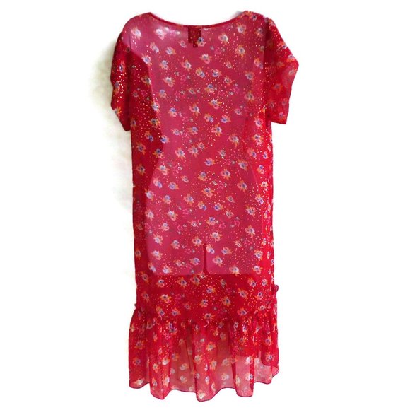Silk Ella Moss Dress Pure Silk Sheer Lurex Floral Red L - Picture 3 of 10